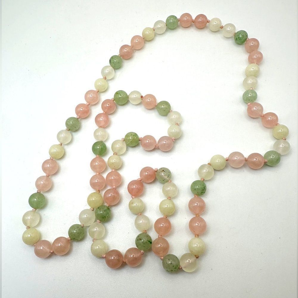 29" of‎ hand knotted and 8mm beaded rose quartz, green/pink/white jade necklace!